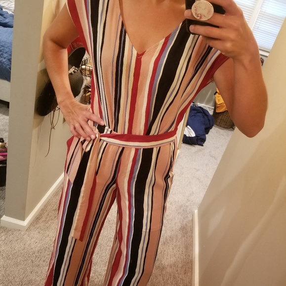 Pink blue red and white striped jumpsuit - Picture 1 of 4